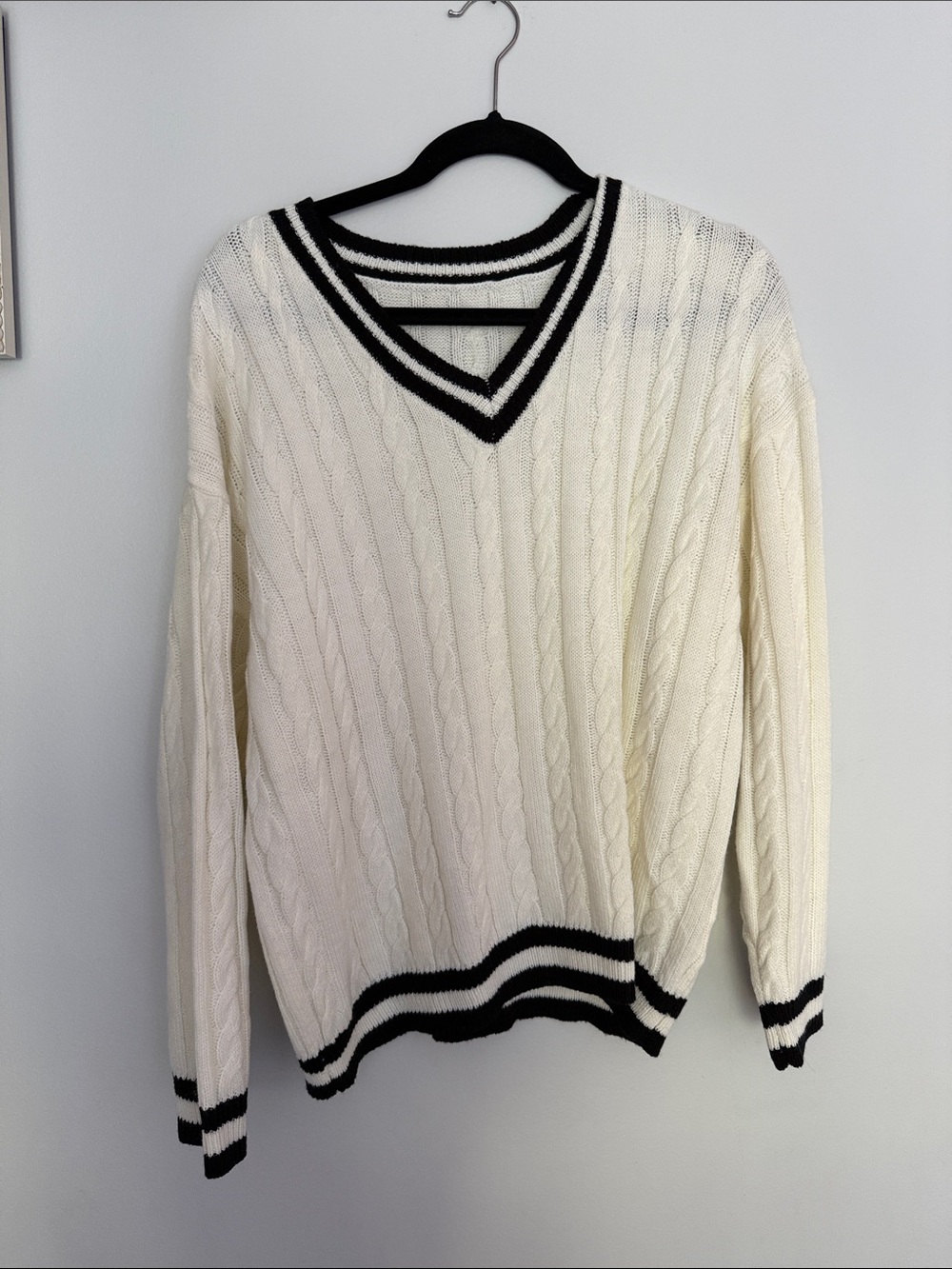 Preppy Cream Cable Knit V-Neck Sweater with Black Trim